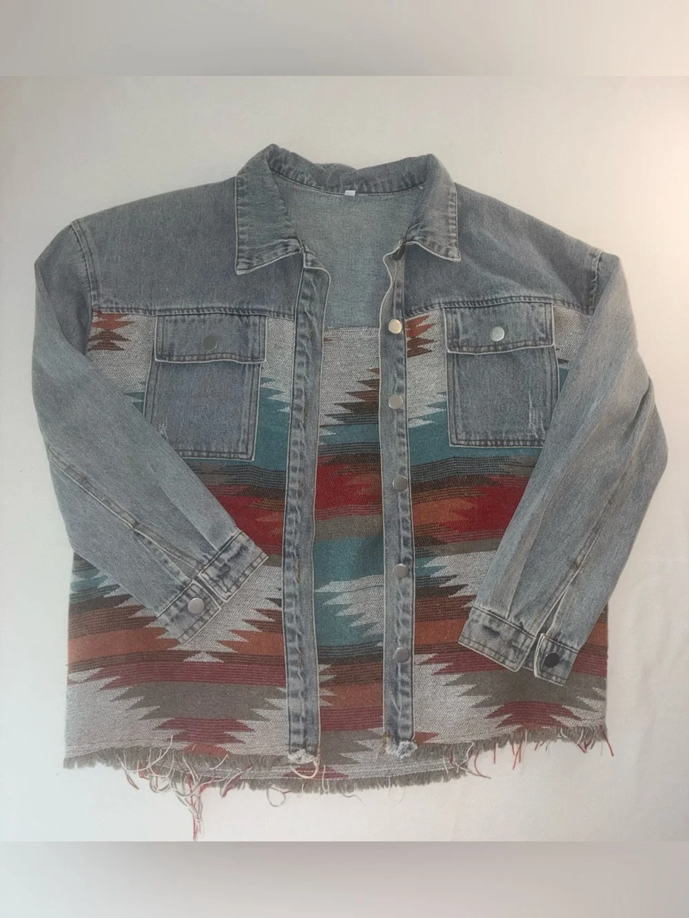 Oversized AztecDenim Shacket with Multicolor Southwestern Panel Sz S